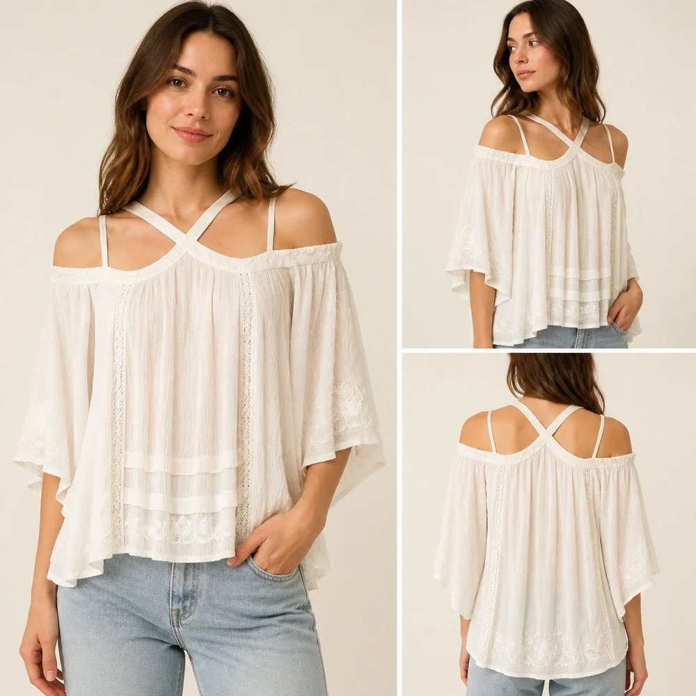 Free People Oversized Peasant Top XS Ivory Strappy Embroidered Boho Bell Sleeve